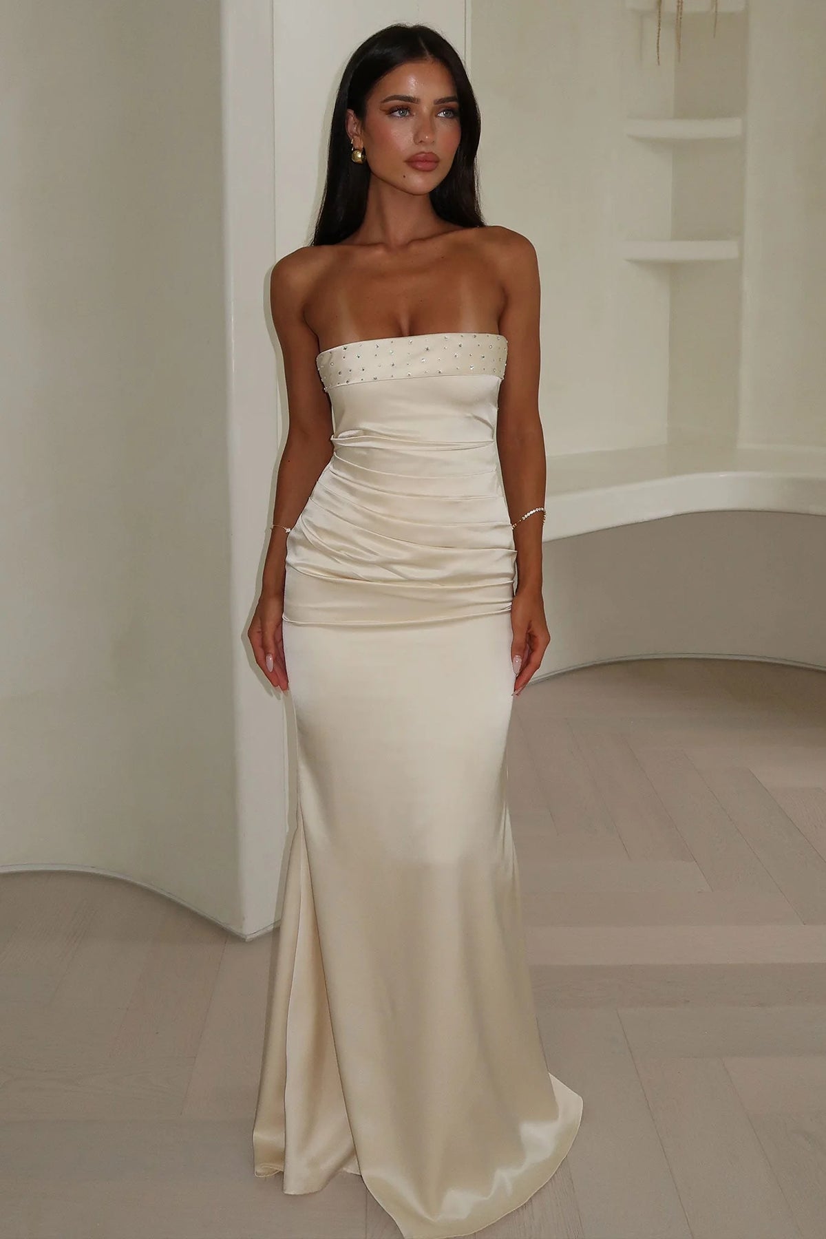 Ophelia Strapless Embellished Satin Maxi Dress - Champagne