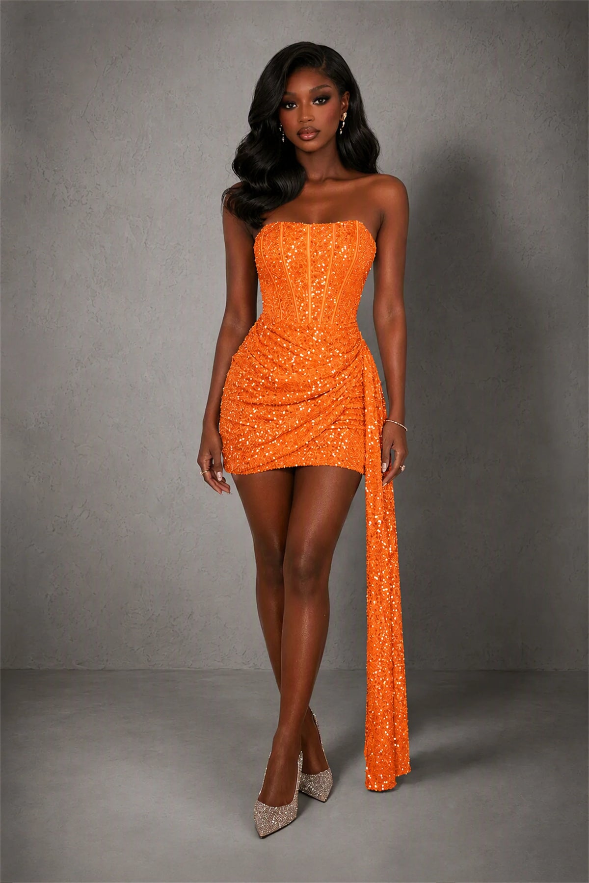 BOLODOO Orange Sequin Strapless Corset Mini Dress with Side Draped Tail