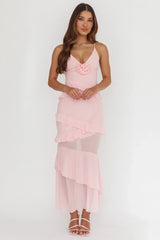 Marlie Frill Trim Rosette Maxi Dress Blush
