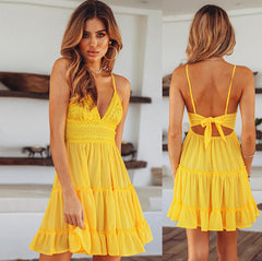 Tie Back Lace Crochet V Neck Mini Summer Sundress - Pink