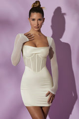 Long Sleeve Mesh Corset Mini Dress in White
