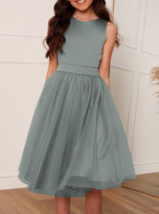 Older Girls Satin Bodice Tulle Midi Dress in Green