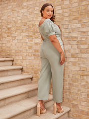 Plus Size Puff Sleeve Bardot Jumpsuit in Green