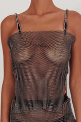 Glamazon Rhinestone Mesh Cami Top Black