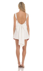 High Neck Back Bow Dress in White