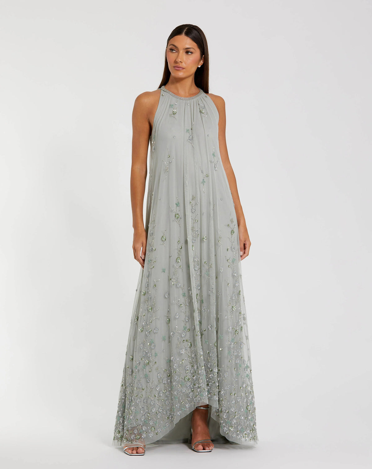Green High Neck Floral Embellished Mesh Trapeze Gown