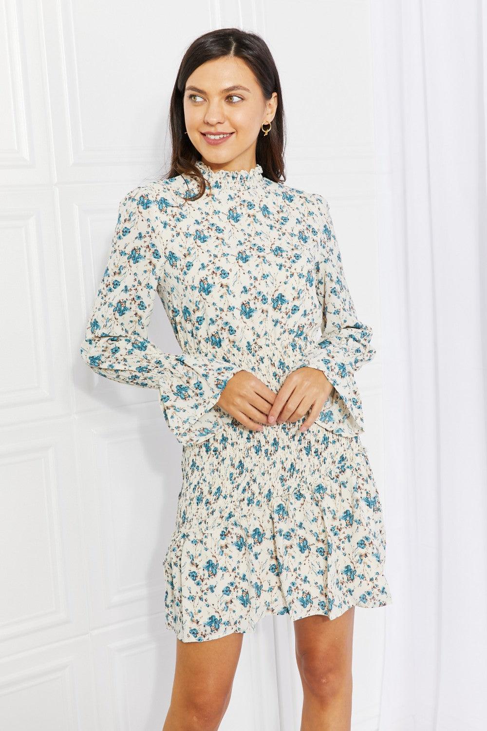 Meadowscape Floral Smocked Mock Neck Mini Dress