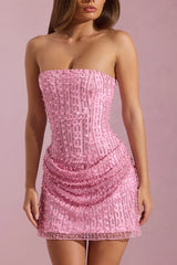 Embellished Draped Strapless A-Line Mini Dress in Pink