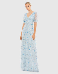 Blue Embellished V-Neck Empire Waist Ruffle Hem Gown