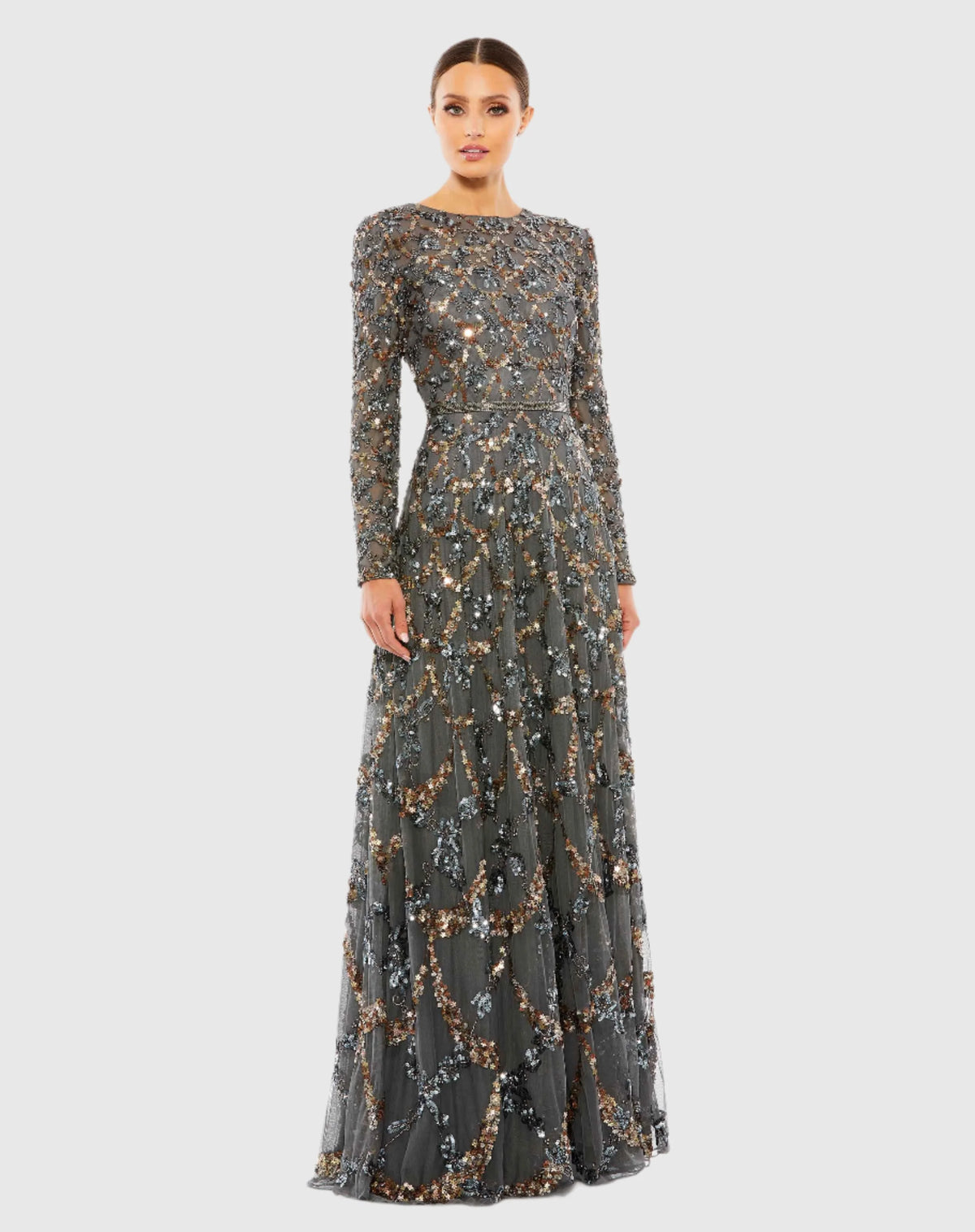 Gray Embellished Illusion High Neck Long Sleeve A Line Gown