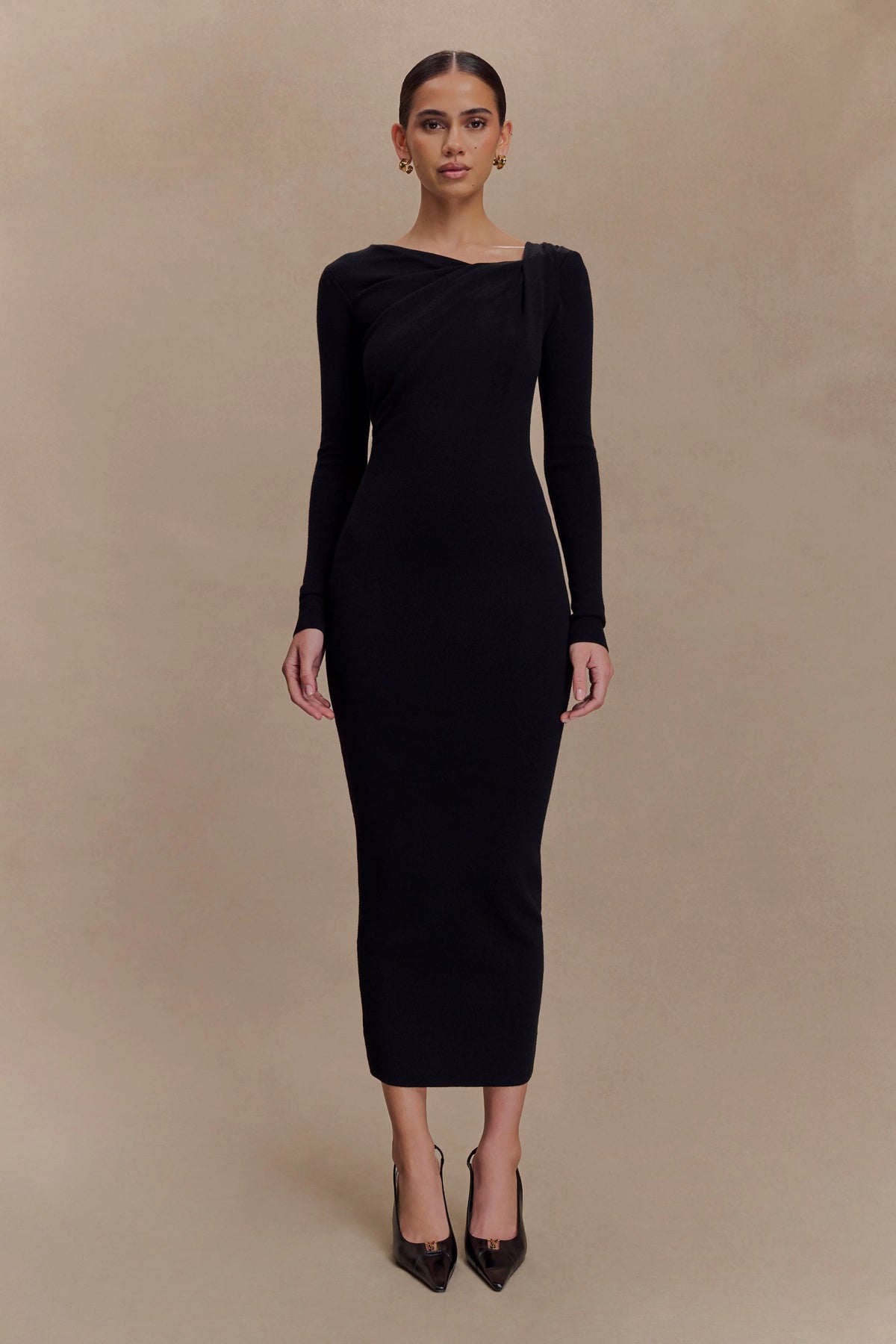 Culver Draped Twist Knit Midi Dress - Black