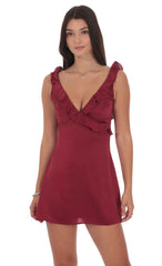 Satin Ruffle V-Neck Dress in Maroon