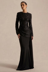 Beau | Black Lace High-Neck Maxi Dress With Draped Detail