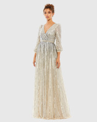 Silver and Beige Sequined Wrap Over 3/4 Sleeve Gown