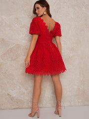 Petite V Neck Crochet Midi Dress in Red