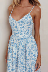 Enchanted Leaf Floral Print A-Line Maxi Dress Blue