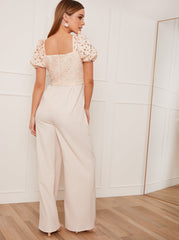 Puff Sleeve Crochet Jumpsuit in Cream