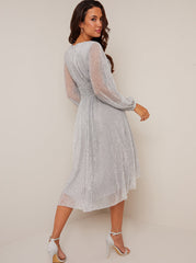 Long Sleeve Wrap Dip Hem Midi Dress in Silver