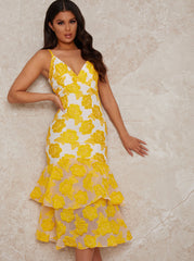 Peplum Jacquard Bodycon Dress in Yellow