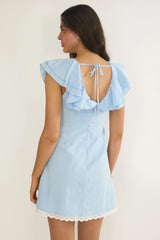 Elegeleges Layered Ruffle Neckline Mini Dress Blue