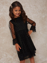 Girls Long Sleeve Polka Dot Mesh Dress in Black