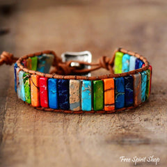 Handmade Rainbow Jasper Leather Wrap Bracelet