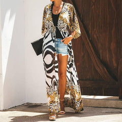 Leopard Print Half Sleeve Maxi Kimono with Tie