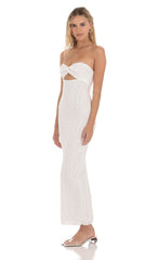 Strapless Lace Twist Maxi Dress in White