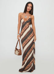 Esmira Halter Maxi Dress Brown Stripe