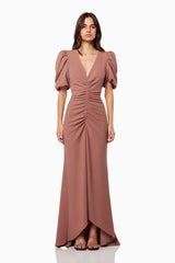 Amaryllis Short Puffed Maxi Gown In Brown