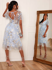 Plunge Neck Embroidered Lace Midi Dress in Blue