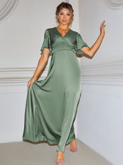Flutter Sleeve V Neck Satin Maxi Dress in Green