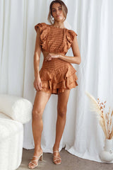 Wild And Free Pintuck Pleat And Ruffle Crop Top Tan