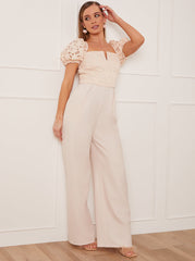 Puff Sleeve Crochet Jumpsuit in Cream