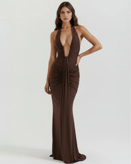 Brown Maxi Dress with Plunging Halter Neckline & U-Wire Detail