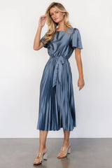 Adelaide Pleated Satin Dress | Blue