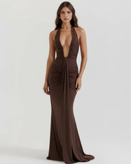 Brown Maxi Dress with Plunging Halter Neckline & U-Wire Detail
