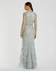 Blue Queen Anne Lace  Long Sleeve  V-Neck Trumpet Gown