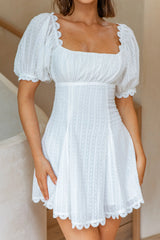 Chablis Gathered Bust Puff Sleeve Textured Mini Dress White