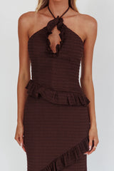 Clemence Smocked Frill Trim Maxi Dress Chocolate