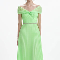 Green Off Shoulder Chiffon Midi Dress