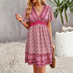 Boho Floral Shirring Waist Midi Swing Dress