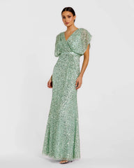 Draped Sleeve V Neck Gown