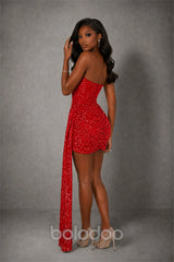 BOLODOO Red Sequin Strapless Corset Mini Dress with Side Draped Tail