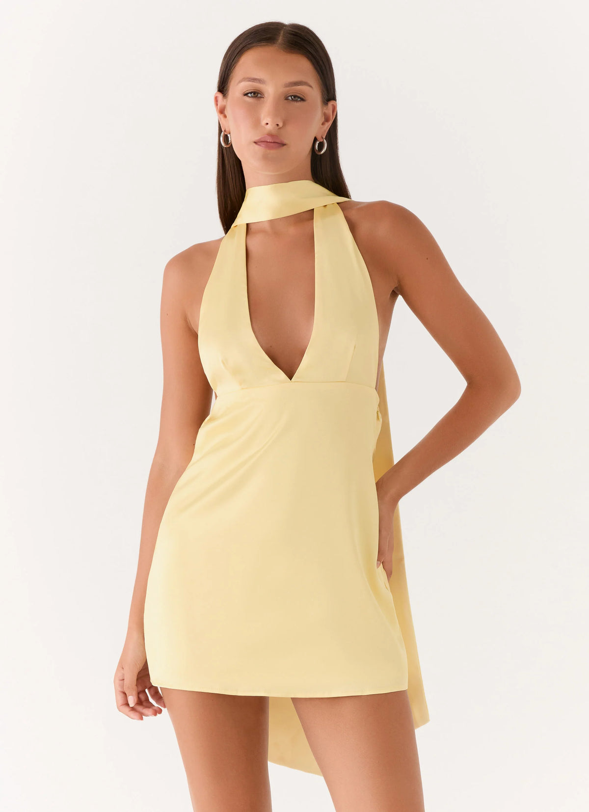 Alicia Satin Halter Mini Dress - Pastel Yellow