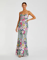 Green Floral Embroidered Sleeveless Bustier Gown