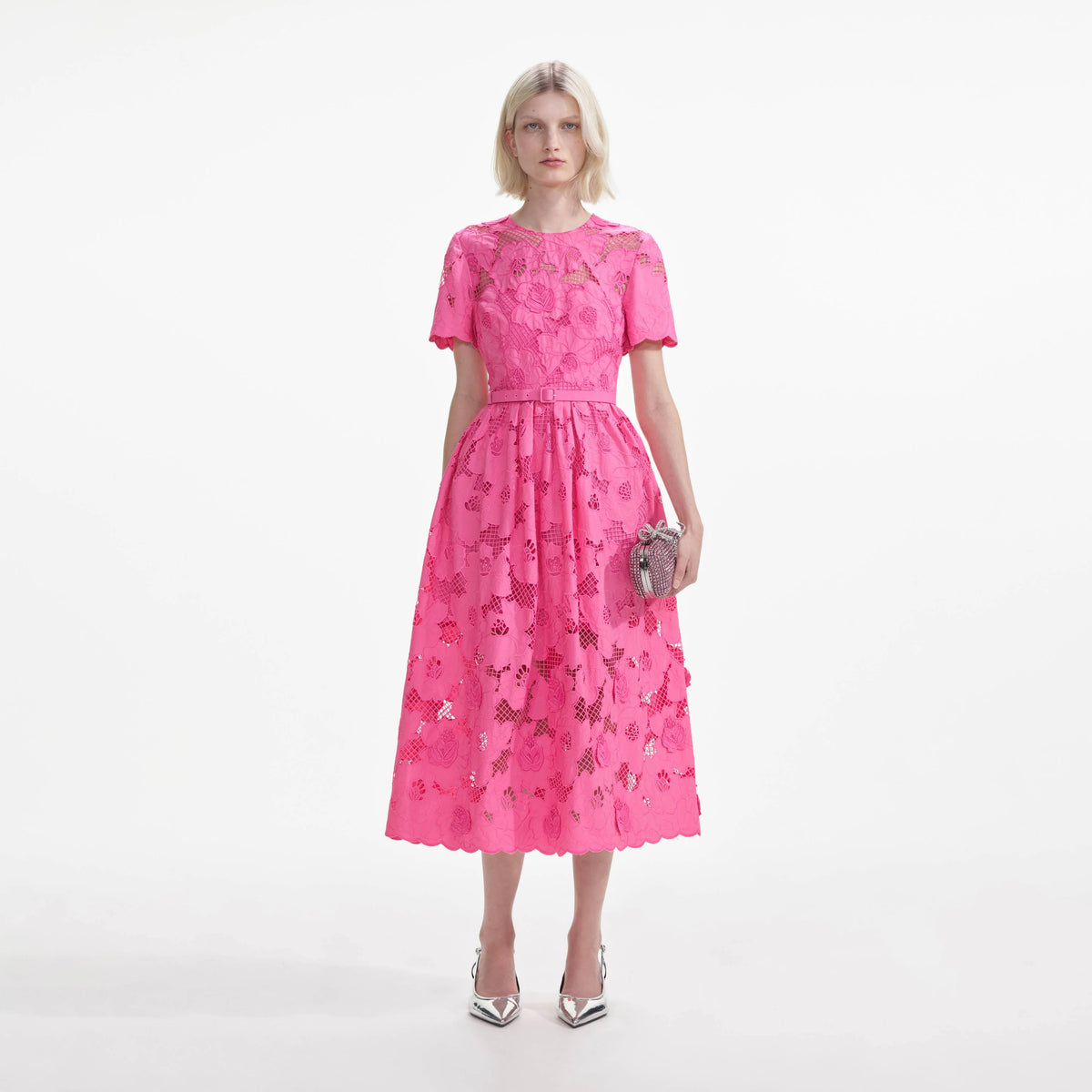 Pink Cotton Lace  Midi Dress