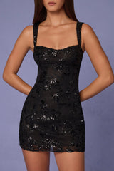 Embellished A-line Mini Dress in Black