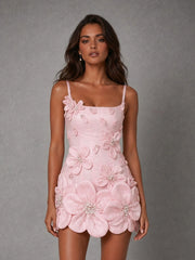 BOLODOO Pink 3D Floral Appliqué Spaghetti Strap Mini Dress