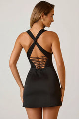 Halterneck Lace-Up A-Line Mini Dress in Black